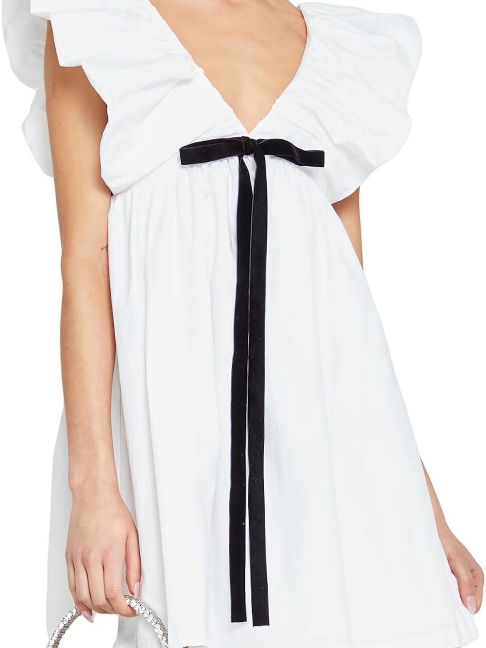 Women’s White Ruffle V-Neck Dress with Black Velvet Tie